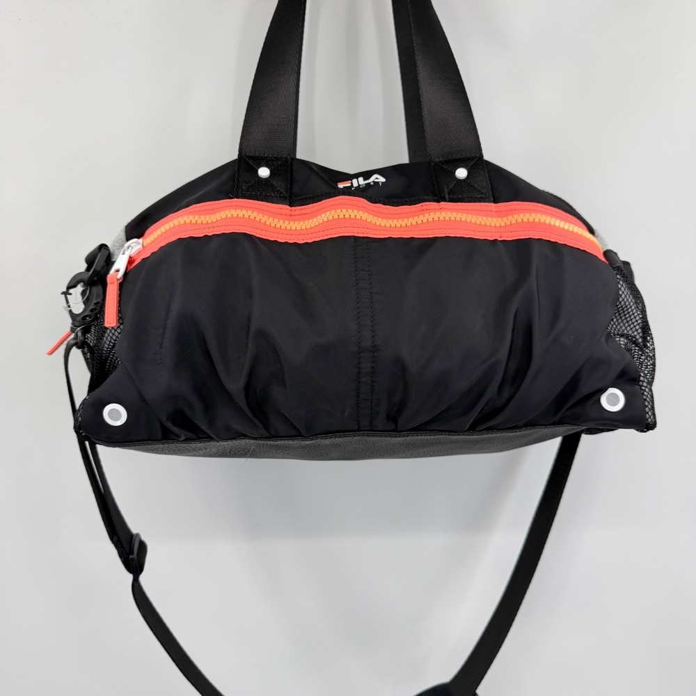 Fila Sport‎ Gym Duffel Bag Black Neon Orange Nylon Mesh Pockets Travel Bag